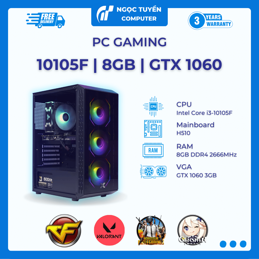 Case máy tính Main MSI H410m-Pro, CPU I3 10105F, Ram 8G Dr4, SSD